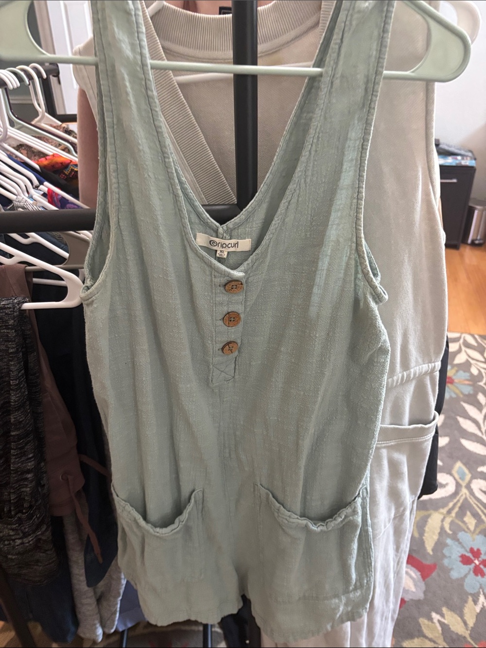 Rip Curl Pale Sage Green Tank Romper with Wooden Buttons